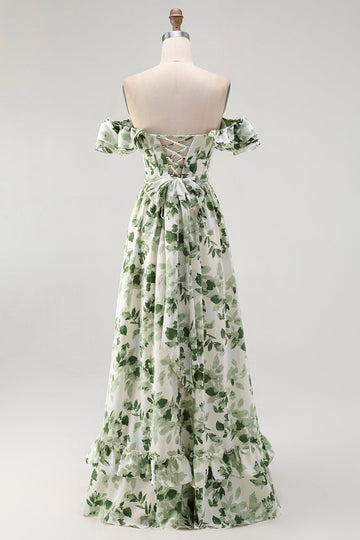 Grön Blommig En Linje Från Axeln Volang Brudtärna Klänning